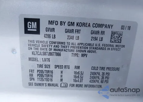 2018 Chevrolet Trax Lt из США, поврежденный, VIN KL7CJLSB7JB677866